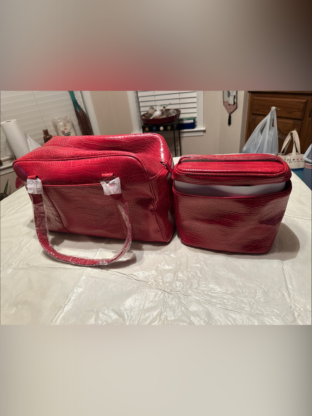Source Unknown Red Croc-Embossed Tote with Matching Cosmetic Case